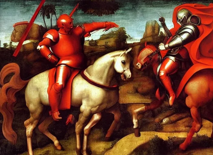 Prompt: a renaissance painting of a war between knights in red armor riding horses and drow warriors riding giant spiders, by raphael, great masterpiece, award winning historic painting, dynamic composition