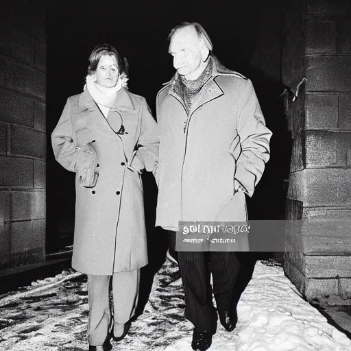 Image similar to Olof Palme and his wife peacefully strolling down Sveavägen in Stockholm a winter evening in 1986