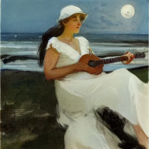 Image similar to a young edwardian woman wearing a white dress, playing guitar in a window at night, the sea and a beach and the moon is visible in the background, in the style of anders zorn