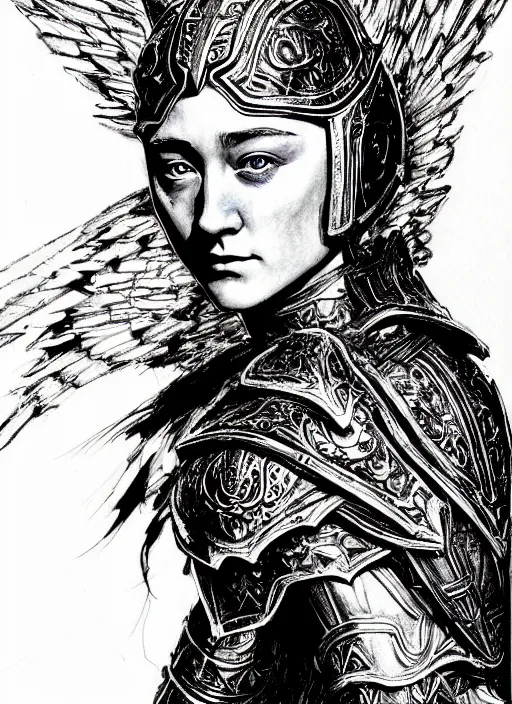 Prompt: pen and ink portrait of saoirse ronan as archangel gabriel wearing battle armor looking for camera, glamorous majestic pose, fantastically fierce, highly detailed, black and white, desaturated colors, smooth, intricate line drawings, by craig mullins, wlop, ruan jia, kentaro miura, styled by john howe and allan lee, greg rutkowski, loundraw