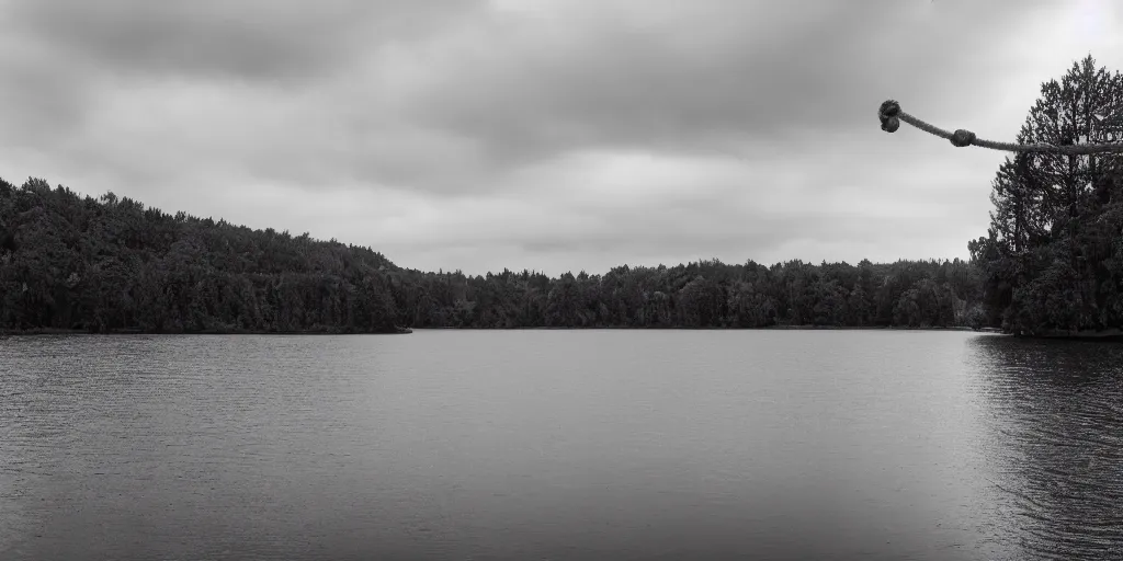 Prompt: symmetrical photograph of an infinitely long rope on the surface of the water, the rope is snaking from the foreground towards the center of the lake, a dark lake on a cloudy day, trees in the background, moody scene, anamorphic lens