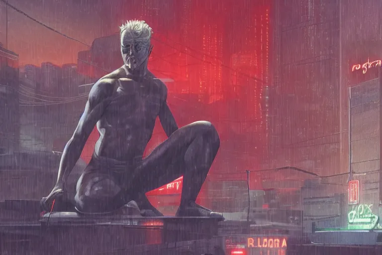 Image similar to roy batty with a bare torso sits in the lotus position with his head bowed in the rain on the roof of a building in the cyberpunk future, around neon signs, a little haze, night, realistic proportions, anime style ghost in armor