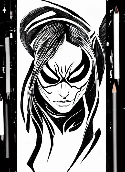 Image similar to symmetry concpet art, full shot, traditional ink, sketch, of olivia wilde as venom, line sketch, intricate, elegant, highly detailed, monochrome, digital painting, artstation, concept art, sharp focus, illustration, art by borderlands 3 and peter polach