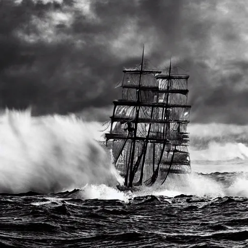 Prompt: pirate sloop, heavy winds, huge waves, golden hour, dramatic lighting, digital art, color photograph 8 5 mm / f 1. 8