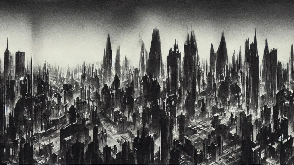 Image similar to “Hugh Ferriss painting of a future noir landscape cityscape of an art deco megacity”