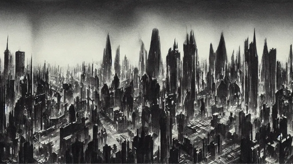 Prompt: “Hugh Ferriss painting of a future noir landscape cityscape of an art deco megacity”