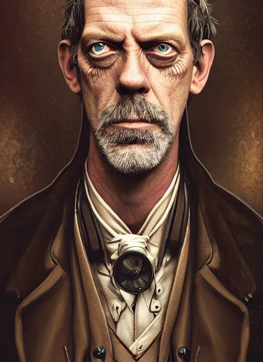 Image similar to steampunk portrait of hugh laurie, au naturel, hyper detailed, digital art, trending in artstation, cinematic lighting, studio quality, smooth render, unreal engine 5 rendered, octane rendered, art style by klimt and nixeu and ian sprigger and wlop and krenz cushart.