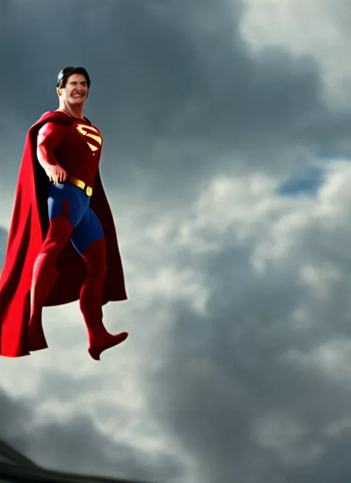Image similar to film still of george r. r. martin as superman in superman, 4 k