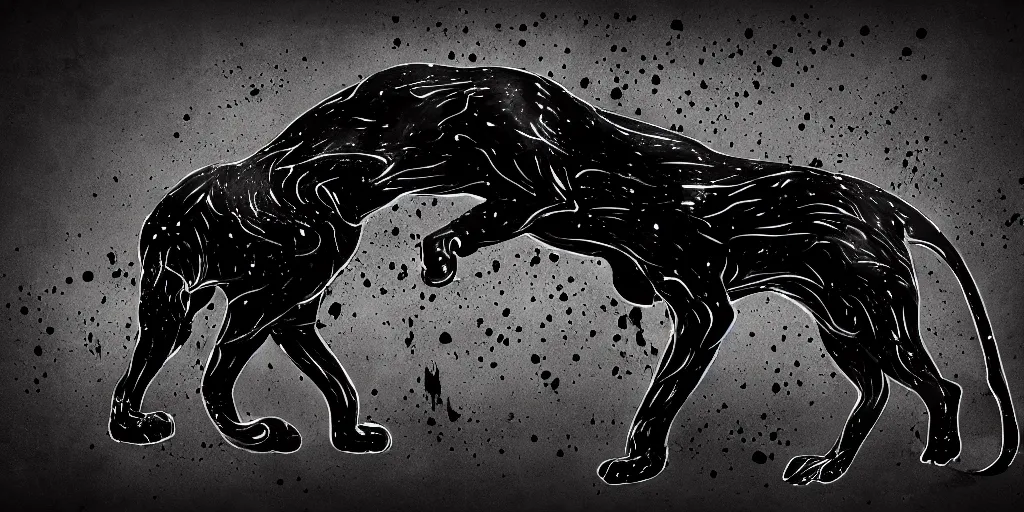 Image similar to the smooth panther, made of smooth black goo, sticky, full of black goo, covered with black goo, splattered black goo, dripping black goo, dripping goo, splattered goo, sticky black goo. concept art, reflections, black goo, animal drawing, digital art, desktop background