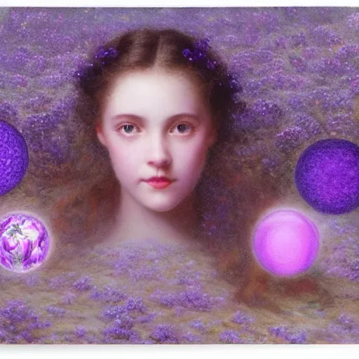 Image similar to a girl with three eyes on 5 translucent luminous spheres, full of floral and berry fillings, in an ocean of lavender color by edward robert hughes, henry justice ford