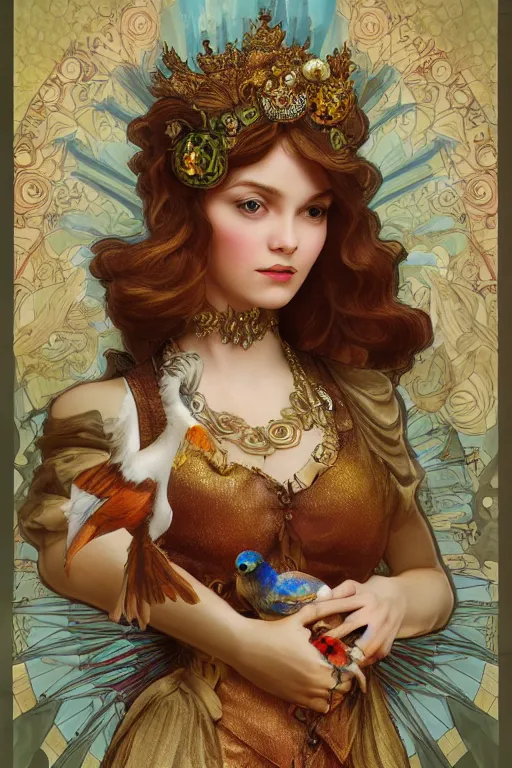 Image similar to zoom in 3 d render of english princess holding birds, ornaments, mucha vibe, dieselpunk, solarpunk, artstation, andrei riabovitchev