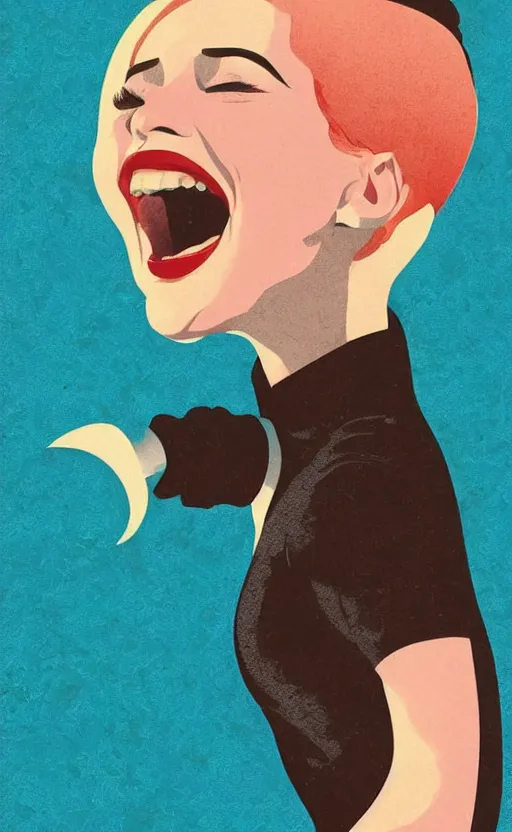 Prompt: illustration portrait of a woman with white pixie cut laughing out loud, art deco painting by tom whalen, funny meme photo, trending on behance, digital illustration, storybook illustration, grainy texture, flat shading, vector art, airbrush, pastel, watercolor, poster