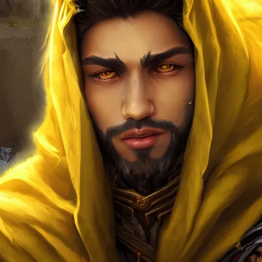 Image similar to portrait of young wild arabian nomad half werewolf, with yellow cloths, league of legends splash art, castlevania, hearthstone splash art, full body shot, rule of thirds, ultrafine hyperrealistic detailed face, artgerm, greg rutkowski, trending on artstation, 8 k, intricately detailed, highly detailed