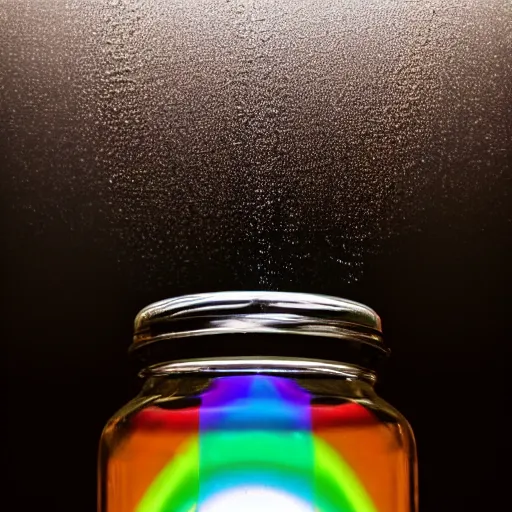 Prompt: medium - wide shot. rainbow captured and put in a glass jar of water. the jar sits on a laboratory shelf. oak ridge national laboratory. professional. high quality. iso 2 0 0, f / 2. 8, 3 5 mm. hyper detailed. dramatic lighting.