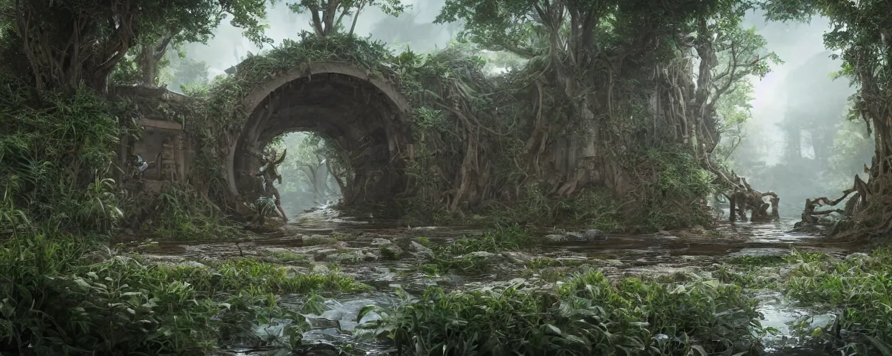 Image similar to an intricate concept art of a large structure tribal door opening in an undergrowth lagoon, artstation, sci - fi, hyper realistic, concept art, art by dylan cole, cinematic lighting, octane render