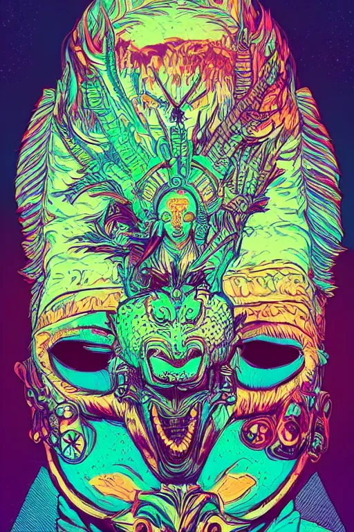 Image similar to totem animal tribal chaman vodoo mask feather gemstone plant video game illustration vivid color borderlands and by feng zhu and loish and laurie greasley, victo ngai, andreas rocha, john harris radiating a glowing aura