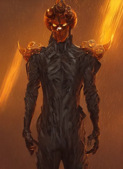 Image similar to powerful male, williem dafoe as jack pumpkinhead, full body character concept, art nouveau, super powers, fantasy, intricate, elegant, highly detailed, digital painting, artstation, concept art, shining, sharp focus, illustration, art by stanley lau