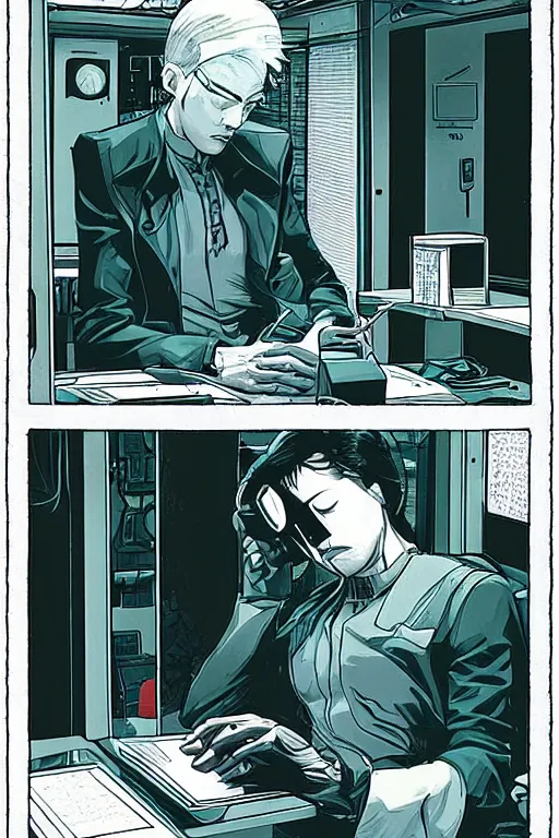 Image similar to 1 9 7 9 sci - fi portrait of neo sleeping at his desk. simple stylized cyberpunk photo from the matrix ( 1 9 9 9 ) by josan gonzalez.