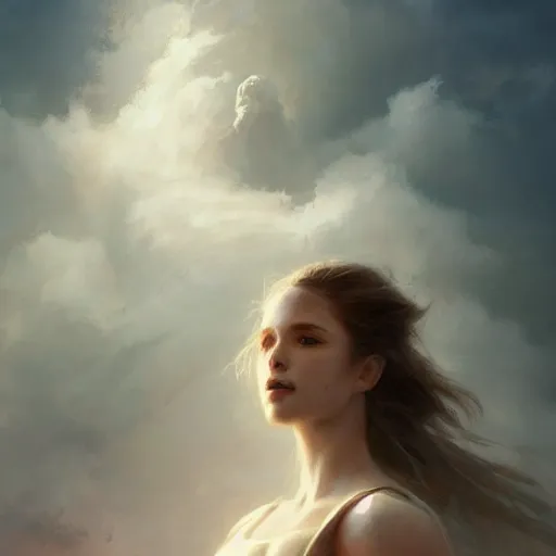 Image similar to a beautiful portrait of a cloud goddess by Greg Rutkowski and Raymond Swanland, Trending on Artstation, ultra realistic digital art