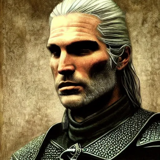 Prompt: Geralt of Rivia, Portrait, Paiting, in the style LeonardoDaVinci,