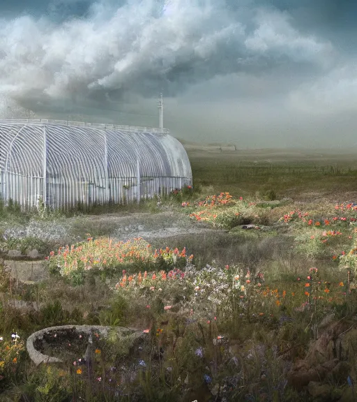 Image similar to a matte painting of a white biroremediation architecture, greenhouse in the mining tailings in the desert, prairie, cottage town, foggy, patchy flowers, oil painting, pale colors, high detail, 8 k, wide angle, trending on artstation, behance