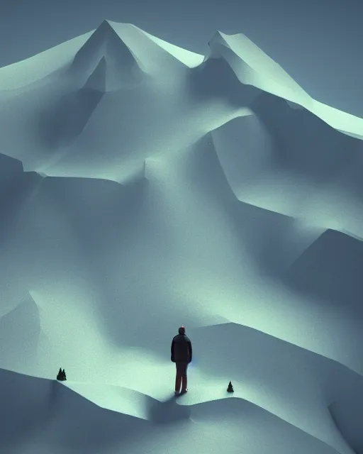 Image similar to a man standing in the middle of a mountain, a low poly render by filip hodas, behance contest winner, environmental art, rendered in cinema 4 d, volumetric lighting, low poly