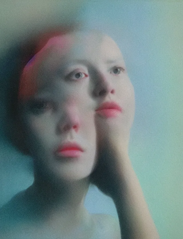 Image similar to woman staring into monitor screen in dark room, blue rays from monitor, redshift, wide shot, coloured polaroid photograph, pastel, kodak film, hyper real, stunning moody cinematography, by maripol, fallen angels by wong kar - wai, style of suspiria and neon demon, david hockney, detailed, oil on canvas