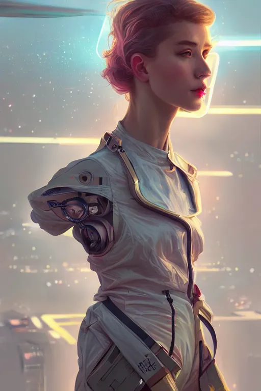 Prompt: portrait futuristic Airforce Girl, in future airport rooftop , ssci-fi, fantasy, intricate, very very beautiful, elegant, human anatomy, neon light, highly detailed, digital painting, artstation, concept art, smooth, sharp focus, illustration, art by tian zi and WLOP and alphonse mucha