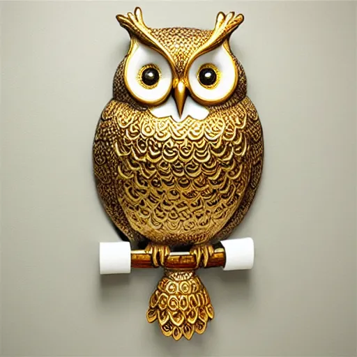 Image similar to gorgeous ornated snow white porcelain realistic detailed sacred owl wall decoration with golden filigree carved out of ivory