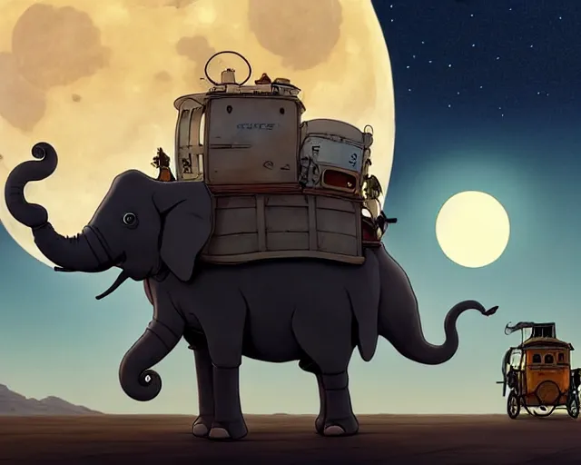 Image similar to a cell shaded cartoon giant grey lovecraftian mechanized elephant from howl's moving castle ( 2 0 0 4 ), with a big head, on a desert road, wide shot, in front of a big moon, muted colors, post grunge, josan gonzales, wlop, by james jean, victor ngai, hq, deviantart, art by artgem