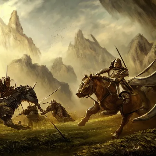 Prompt: war torn medieval battlefield, figures fighting in the distance, resplendent knights fighting a giant beast, dnd, fantasy, high quality, high definition, concept art, smooth, digital art, trending on art station