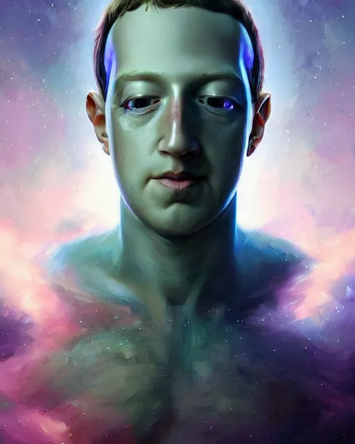 Prompt: A giant floating head in space of mark zuckerberg looking like an alien, fantasy art, in the style of artgerm, illustration, epic, fantasy, intricate, hyper detailed, artstation, concept art, smooth, sharp focus, ray tracing, vibrant, artgerm, award winning art, ray tracing