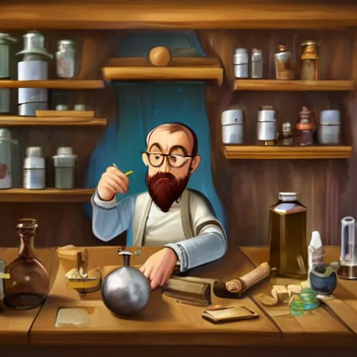 Prompt: An alchemist sitting in his workshop creating potions and formulas