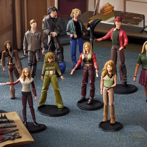 Prompt: extremely detailed photo of Buffy the Vampire Slayer action figures in a row on a table