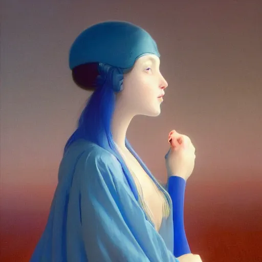 Image similar to a young woman's face, her hair is white and she wears a cobalt blue satin cloak, by ivan aivazovsky and syd mead and moebius and gaston bussiere and roger dean and pieter claesz and paul delaroche and alma tadema and aelbert cuyp and beksinski, hyperrealistic, volumetric light, octane render