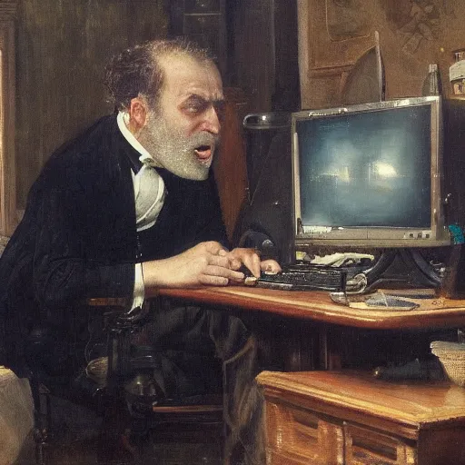 Image similar to an angry man yells at his computer monitor, oil on canvas, 1 8 8 3, highly detailed