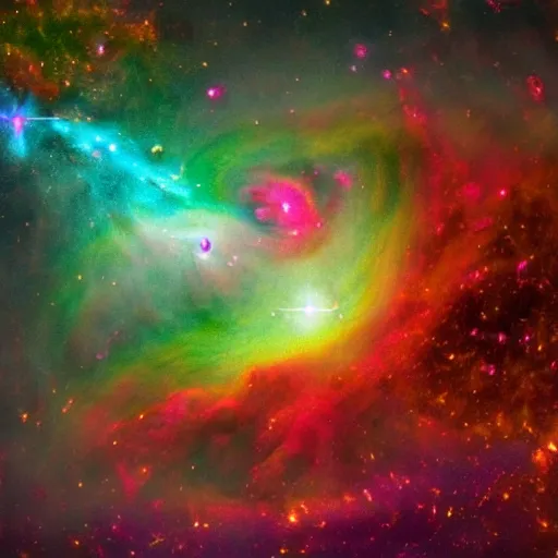 Image similar to An otherworldly scene with swirling galaxies and colorful nebulaes