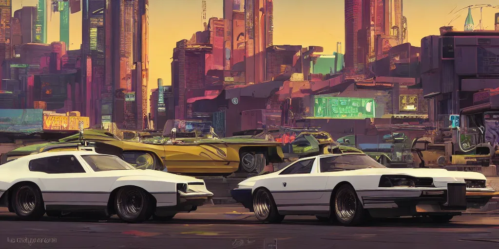 Image similar to art style by Ben Aronson and Edward Hopper and Syd Mead, wide shot view of the Cyberpunk 2077, on ground level. full view of the hybrid design any two cars from 1980's, with wide body kit modification and dark pearlescent holographic paint.