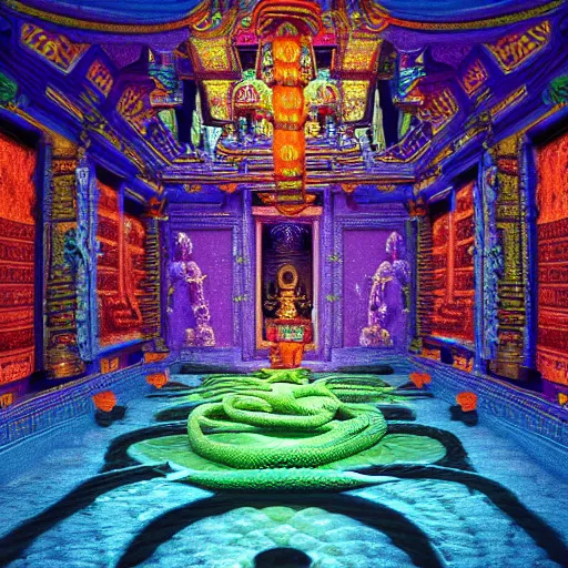 Prompt: Photorealistic inside a temple made of snakes. Hyperdetailed photorealism, 108 megapixels, amazing depth, glowing rich colors, powerful imagery, Psychedelic Overtones, Crisp, Clean image, mostly black purple and teal