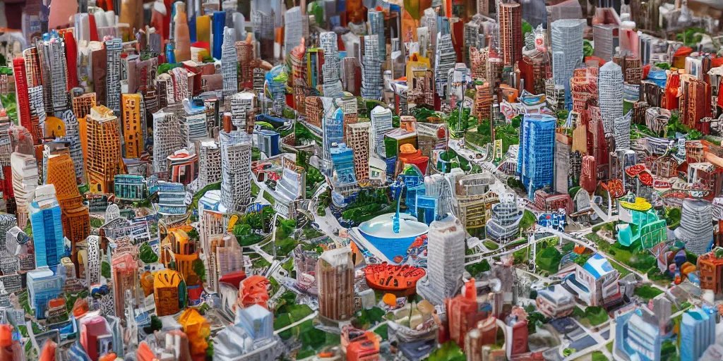 Image similar to a model of toronto constructed out of fast food cups and packaging, miniature photography, diorama, wide - angle macro lens, art, award - winning, beautiful high resolution