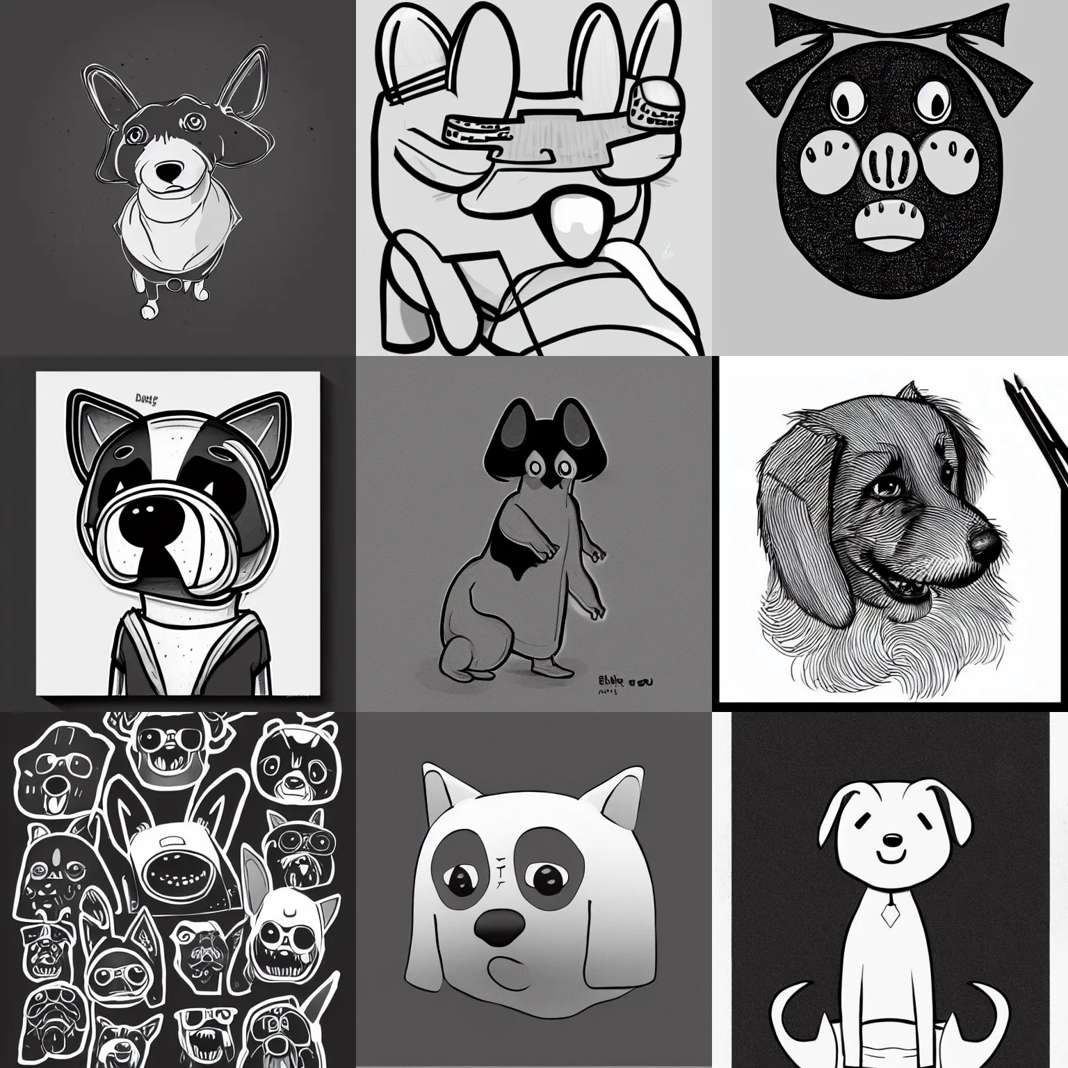 Prompt: funny dog illustration, simplified black line art on white background, behance, devianart, artstation, dribble, creary, ello, cgsociety, drawcrowd, pixiv, concept art world, our art corner, newgrounds, doodle addicts, penup