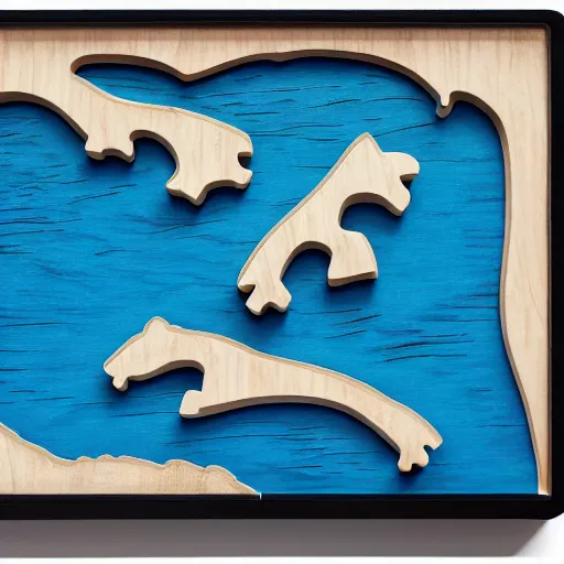 Prompt: a photo of a model hippo 3 d model puzzle, pieces made of wood and resin countertop, blue epoxy resin river countertop, dramatic lighting, studio zeiss 1 5 0 mm f 2. 8 hasselblad, award - winning photo