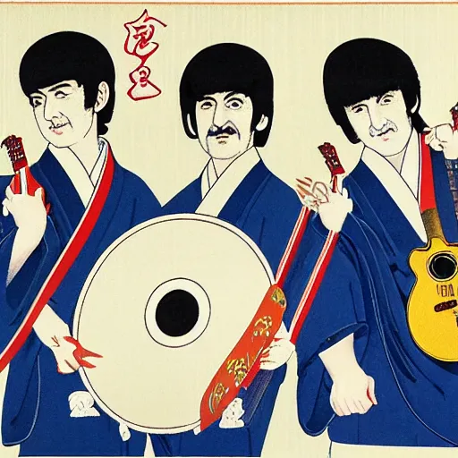 Prompt: The Beatles playing in the Budokan, Ukiyo-e art,