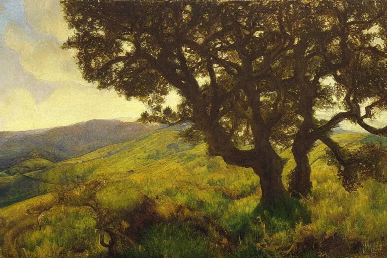 Prompt: masterpiece painting of oak trees on a hillside overlooking a creek, dramatic lighting, by annie swynnerton