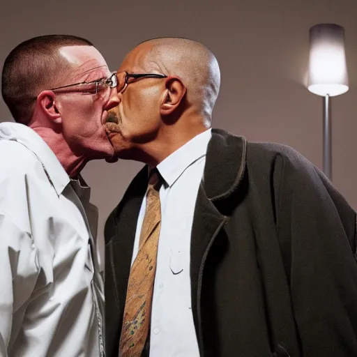 Prompt: Walter White and Gustavo Fring kissing