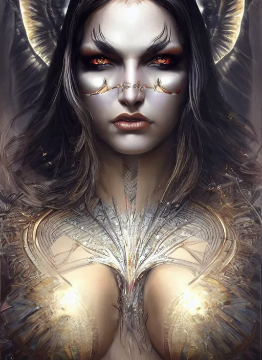 Prompt: a highly detailed symmetrical painting of a furious female amazon with piercing beautiful eyes, trending on artstation, deviantart, art by artgerm and karol bak and mark brooks