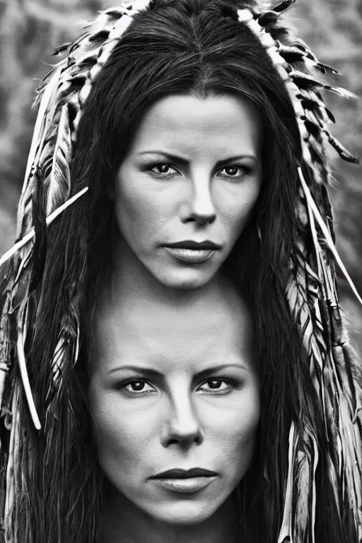 Prompt: Photo of Native American indian woman Kate Beckinsale, portrait, skilled warrior of the Apache, ancient, realistic, detailed, Kate Beckinsale