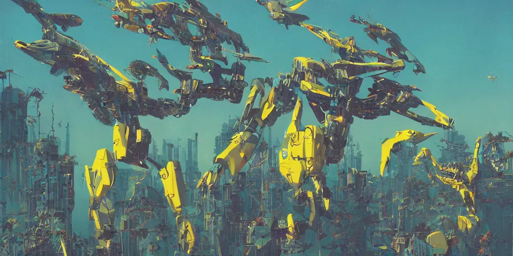 Image similar to risograph, gigantic mecha arzach birds, no artifacts, tiny rats, a lot of exotic animals around, big human faces everywhere, helicopters and tremendous birds, by satoshi kon and moebius, matte yellow colors, surreal design, crispy, super - detailed, a lot of tiny details, no blur, 4 k, fullshot