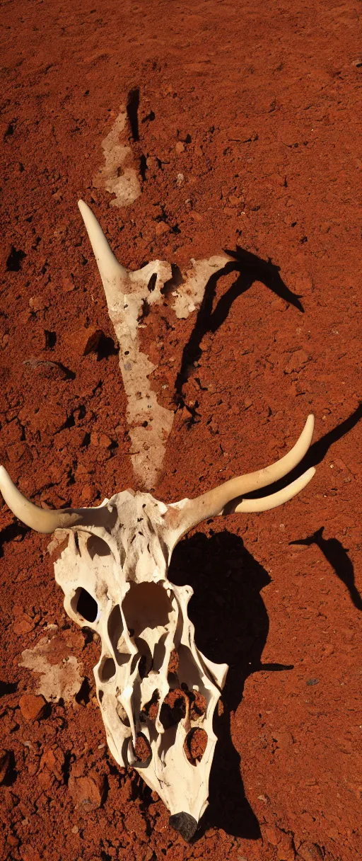 Image similar to a cow skull in the middle of a scolding desert, realistic, 4 k, ultra detail, rocky desert, cow skull, hot, orange soil