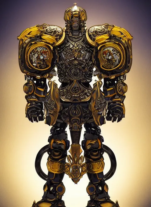 Image similar to full body, attack position abstract portrait of a intricate ornate holy mechanical warforged with circular glowing eye, character in yellow armor holding a legendary paladin engraved great longsword with a metal blade drawn and carrying a huge heavy paladin shield, vertically flat head, face in focus, epic , trending on ArtStation, masterpiece, cinematic lighting, by Ross Tran and by Greg Rutkowski